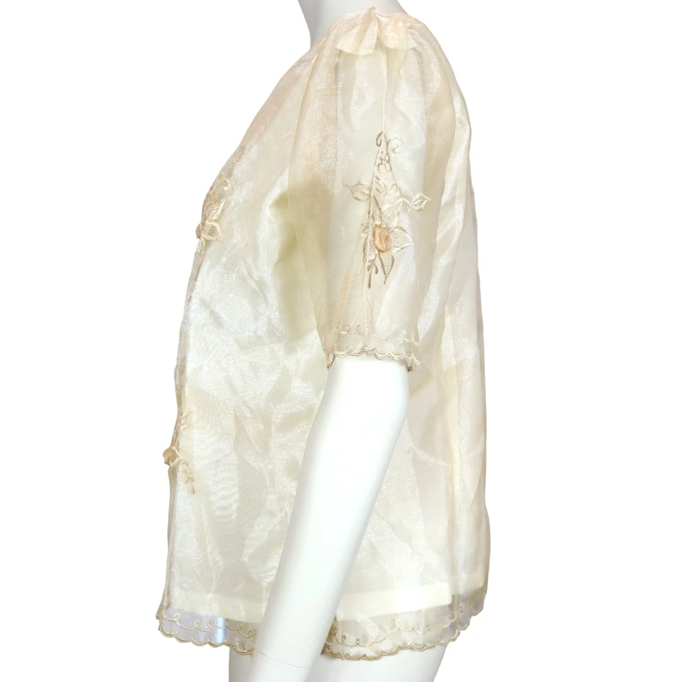 Blusa bordada filipina vintage aplique rosa marfim quimona feminina grande - Imagem 3 de 4