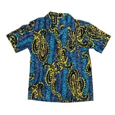 60's 70's Vintage Made in Hawaii Paisley Shirt Blue Short Sleeve Camp Collar