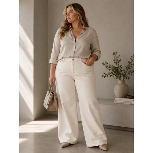 STAUD Wide Leg Pants Womens Size 16 Cream Off-White Twill 5-Pocket Trousers
