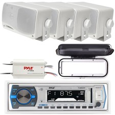 Pyle PLMRB29W Marine AM/FM AUX Receiver, 4Ch Amp, 4x White Box Speakers, Cover