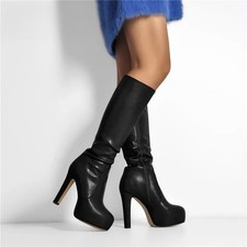 Women Knee High Boots Round Toe Side Zipper Platform Thick High Heels Pumps