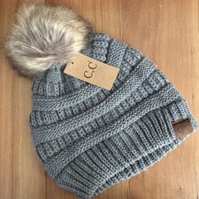CC Beanie Hat Soft Cable Knit Faux Fur Pom Pom Hat One Size Gray NWT