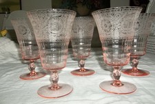 EXQUISITE ANTIQUE SET 5 PINK ETCHED CRYSTAL E...