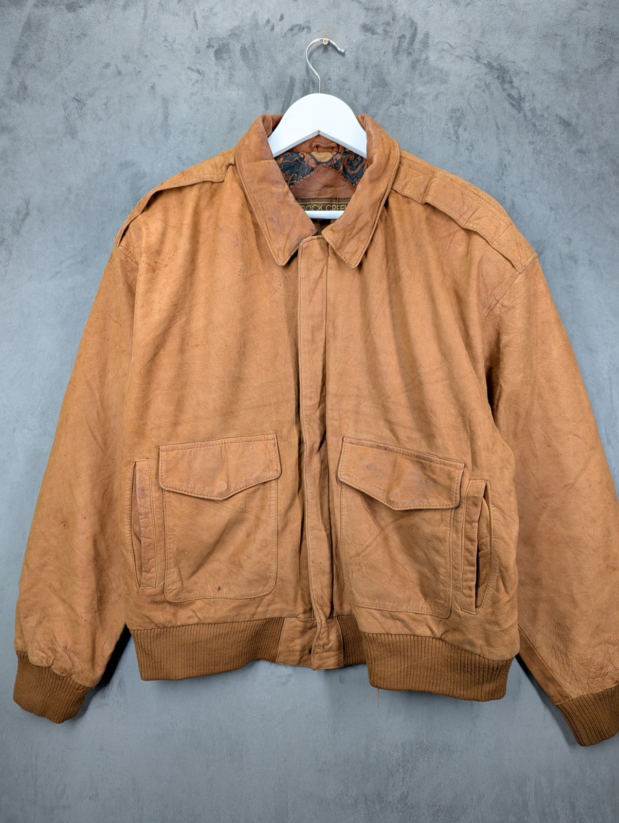 Rock Creek Vintage Leather flying Jacket Large Relaxed Fit Distressed Lined Zip