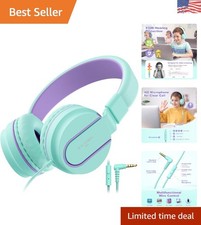 I35 Kids Headphones with Mic, 93dB Volume Limit, Green Purple - Safe Fun