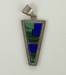Vintage 925 Sterling Silver Malachite & Lapis Lazuli Pendant By “Archie G”