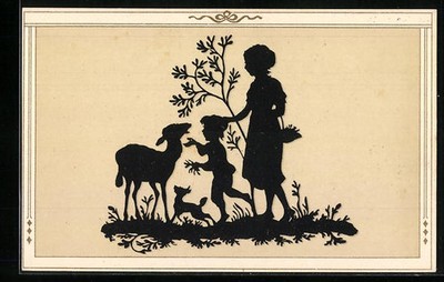 Mother, Child and Sheep, Silhouette, Postcard 