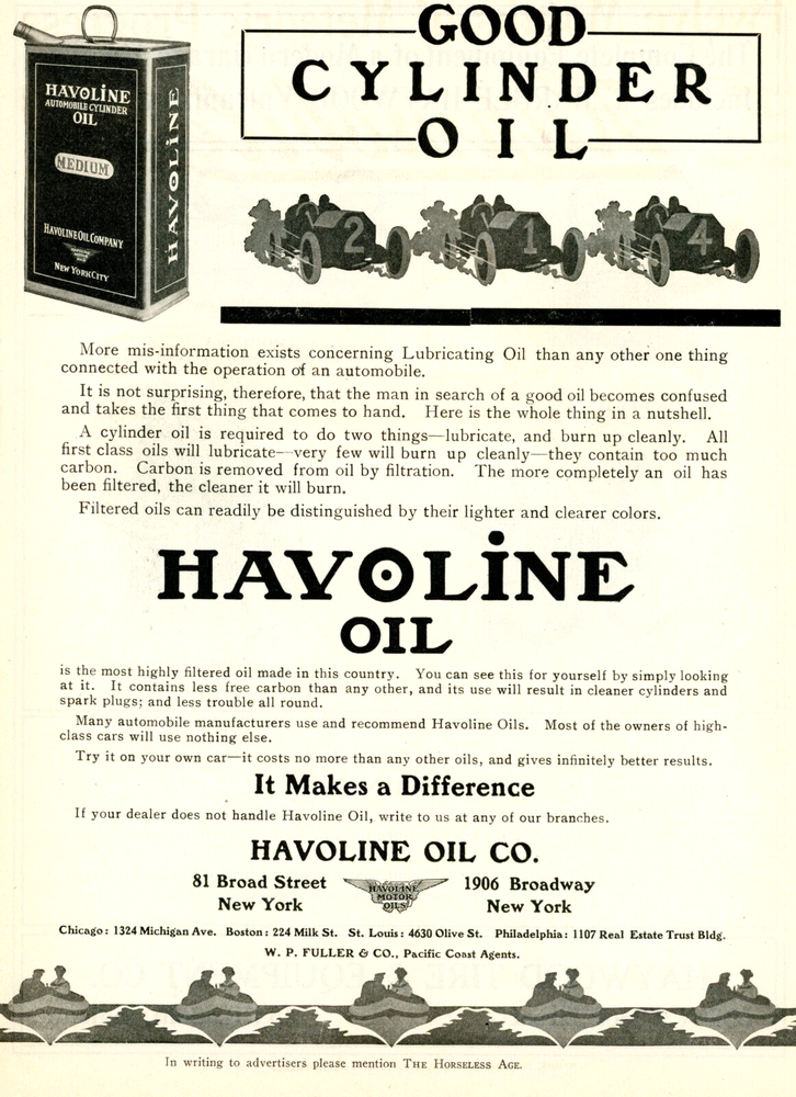 1910 Original Havoline Cylinder Oil Ad. Vintage Racing Theme. Cars & Boats