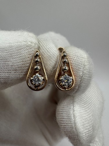 Vintage Gold 14K 585 Women's Earrings Natural Diamond Interesting Design 3.14g - Picture 3 of 7