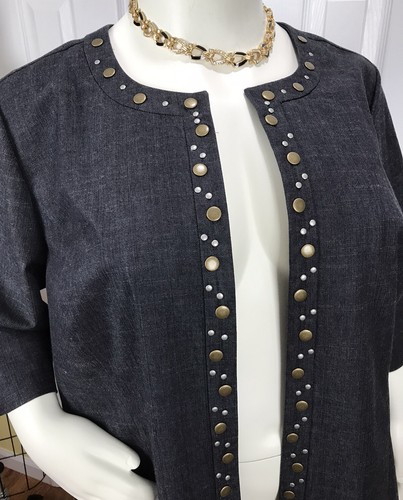 NWT $60 MAGGIE BARNES OPEN FRONT 3/4 SLV BLUE DENIM METAL STUDS JACKET SZ 2X - Picture 2 of 11
