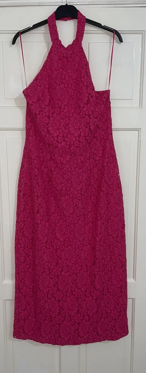 ZARA PINK FUCHSIA FLORAL EMBROIDERED HALTER NECK OPEN BACK MIDI DRESS SIZE  L NEW | eBay