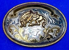 Vintage Horse w/ award ribbon scroll Alpaca Mexico Stamped western belt buckle