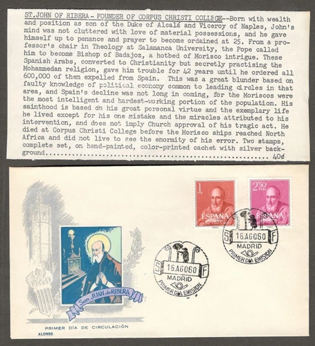 (AOP) Spain #939-40 1960 Juan de Ribera FDC