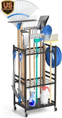 Garden Tool Organizer with Wheels, Yard Tool Tower Rack for Garage Organizati...