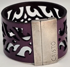 Cristo Boho Leather Bracelet 6.75" Purple Laser Cut Scroll Design Magnetic Clasp