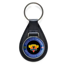 Cold War Veteran 95th Training Division Black Leather Keychain Silver Keyring