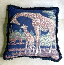 Vintage Tapestry Pillow Giraffes Africa Safari 16” Black Fringe Ashford Court