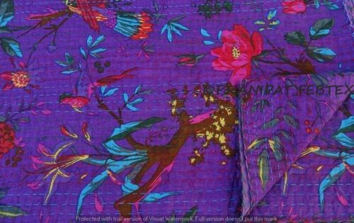 Bird print Purple Handmade Kantha Quilt Cotton Queen Bedcover Bedspread Bedding - Afbeelding 1 van 3