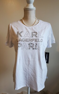 Karl Lagerfeld White T-shirt Womens Medium NEW Rhinestones Embebellished Logo 