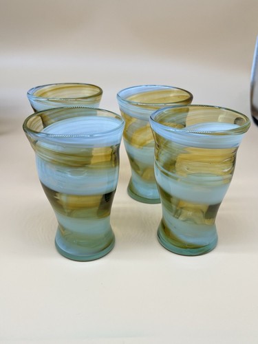 Set Of 4 Hand Blown Amber Honey White Swirl Tumblers Drinking Glasses 4.75 Inch - Picture 2 of 12