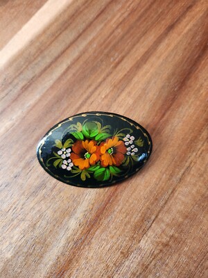 Vintage Hand Painted Russia Flower Brooch Wood Colorful Floral Pin Jewelry 