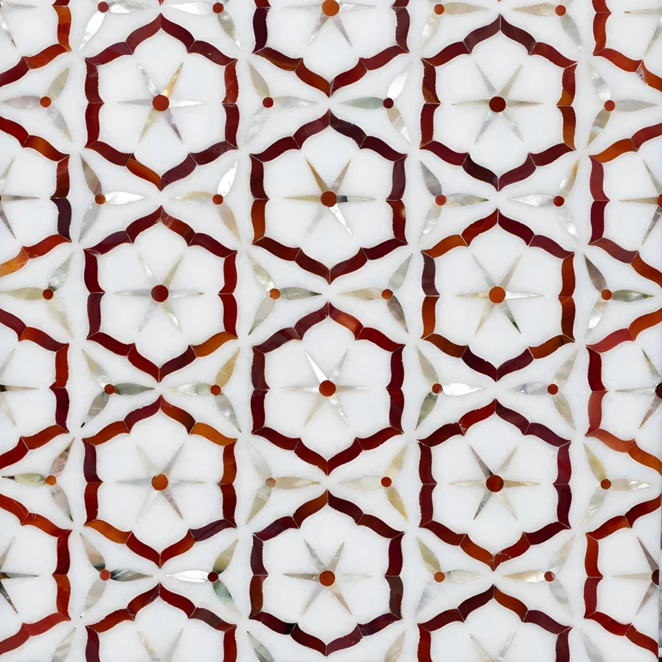 Handcrafted White Marble Inlay Tabletop 24"x18" – Mother of Pearl & Cornelian - Image 3 of 4