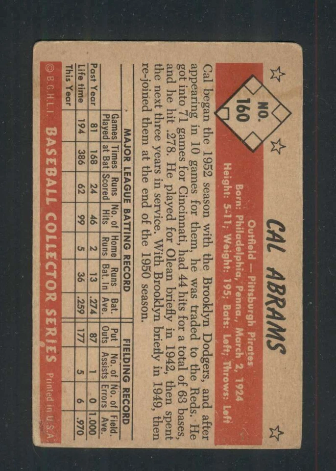 1953 Bowman Color #160 Cal Abrams G Pirates 88541  - Image 2 of 2