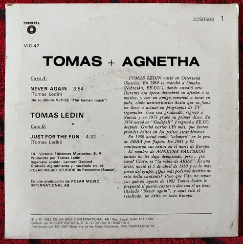 TOMAS + AGNETHA (ABBA) ** Never Again ** 1982 SPAIN 7" SINGLE - Picture 2 of 4