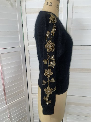 Vintage 80s 90s Worthington Women’s Black Sequin Beaded Silk Blend Sweater Small - Picture 3 of 11