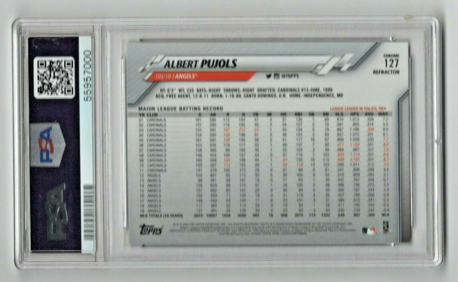 2020 Topps Chrome Sepia ** Refractor ** Albert Pujols * #127 * PSA 10 view 2