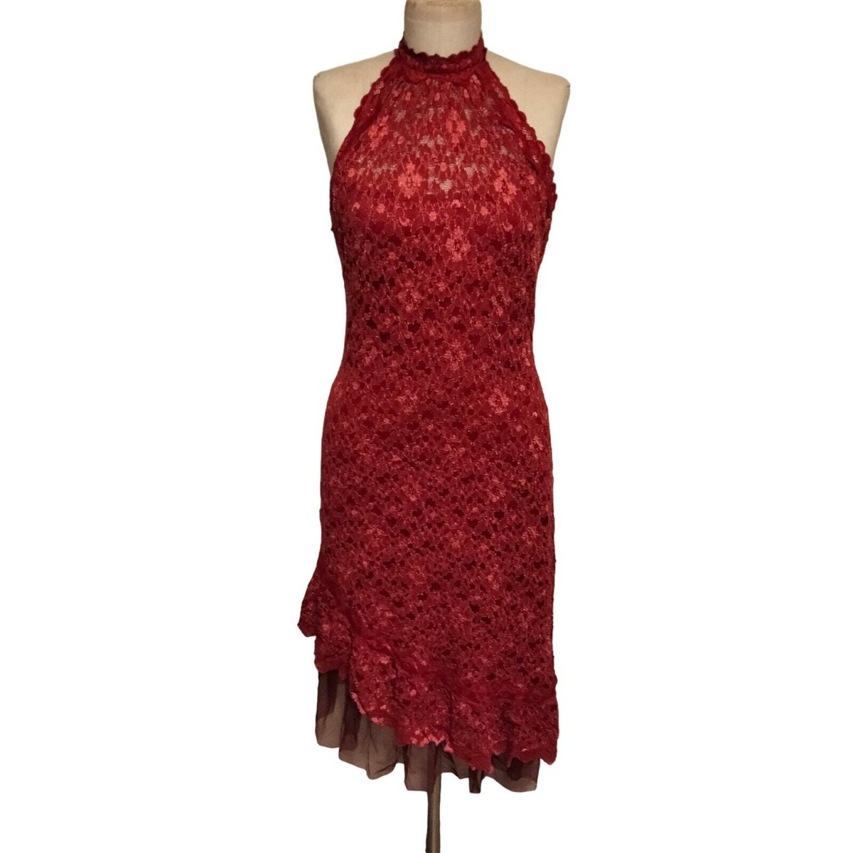 betsey johnson red lace dress Betsey Johnson Cranberry Red Lace Halter Dress L