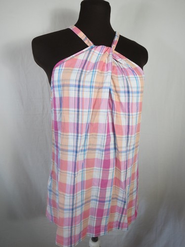 Tommy Bahama Pink Plaid Cotton Sleeveless Halter Neck Top Ties Small Petite - Picture 15 of 15