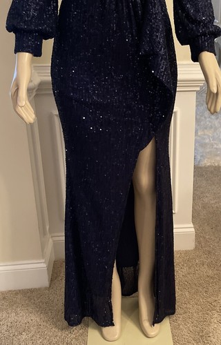 Beauty Emily Navy Blue Sequin Long sleeve Gown Women Size L - Picture 2 of 5