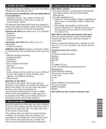 2x 15 Allevia Fexofenadine 120mg Hayfever Tablets 30 in total exp 09/26 - Picture 3 of 3