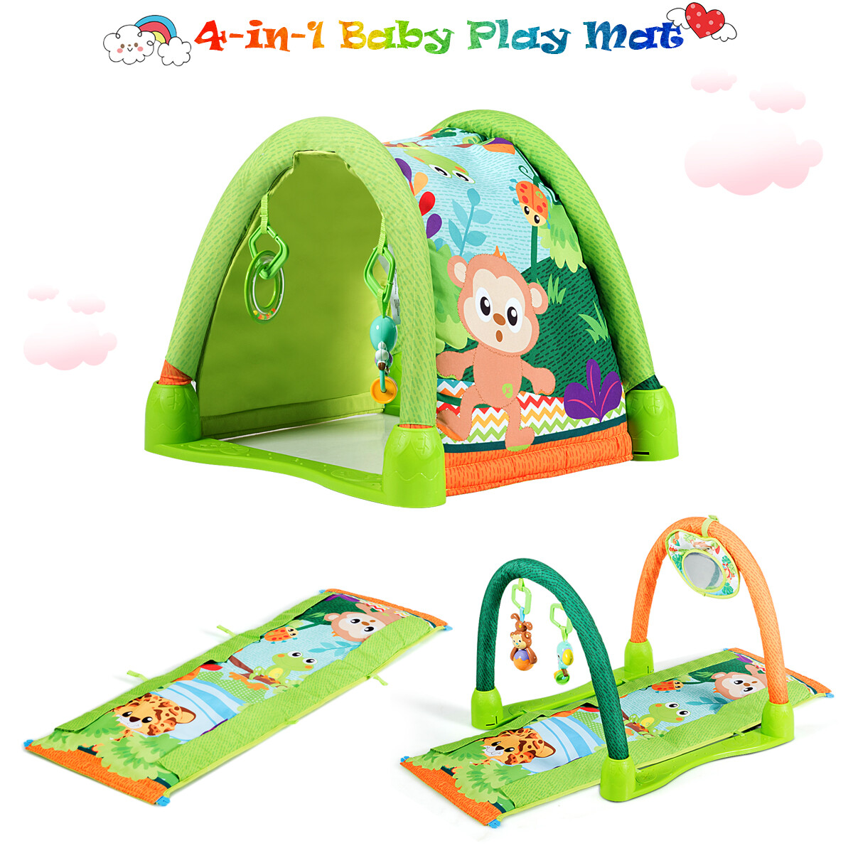 4in1 Activity Gym Play Mat Baby Activity Center w 3 Hanging