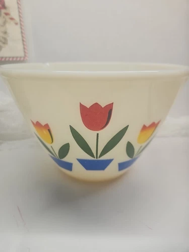 VTG Fire King Anchor Hocking Milk Glass  Bowl With Tulips, 5.25" Tall, 8.5" Dia.