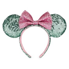 Disney Parks Mint Green Sequined Minnie Mouse Ear Headband With Pink Glitter Bow