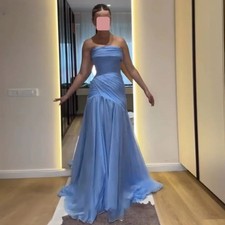 Blue Luxury A-Line Strapless Ball Gown Floor Length Pleated Zipper Evening Dress