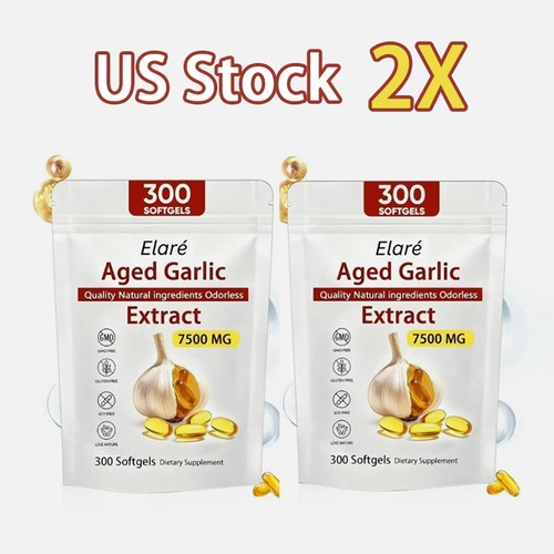 2X Elare Aged Garlic Extract, 300 Softgels, 7500mg Odorless | Heart & Immune