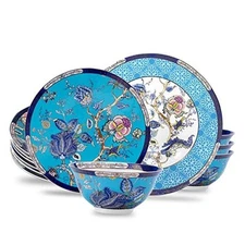  Bone China Dinnerware Set for 4, 12-Piece Vintage Floral Dinnerware Blue A