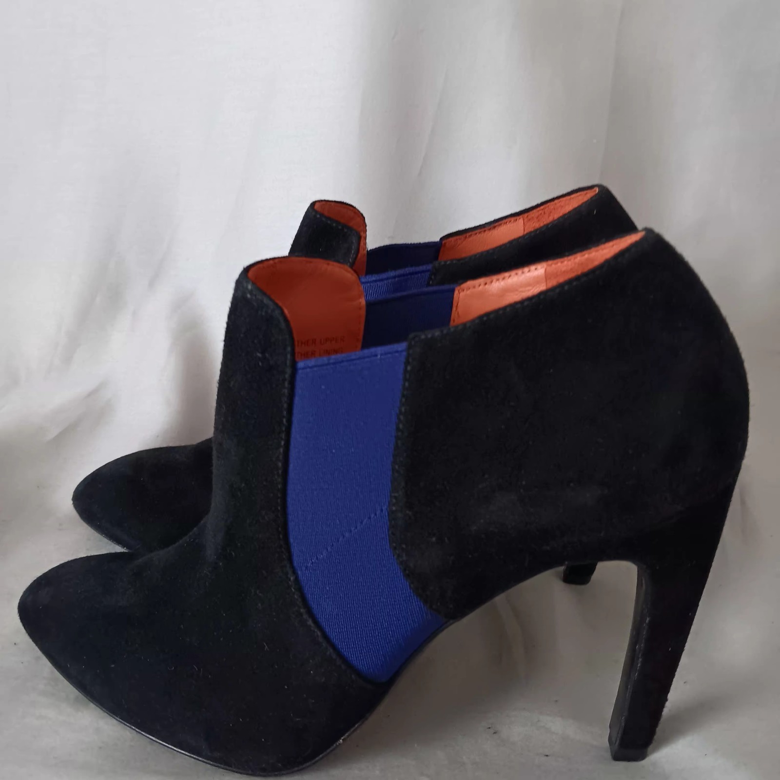 Via Spiga Black Suede Purple Fabric Ankle Boots Size 8.5 Stiletto Office Siren