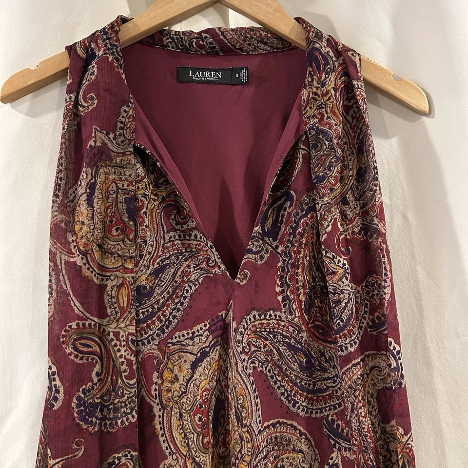 Lauren Ralph Lauren Maxi Gown Sleeveless Sz 18 Red Paisley Banded Collar w/Tie - Image 2 of 4