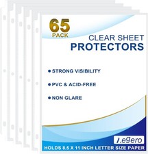 65 Pack Clear Sheet Protectors 8 5 x 11 for 3 Ring Binder Top Loading Paper