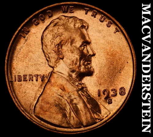 1938-S Lincoln Wheat Cent- Red- Choice Gem Brilliant Uncirculated Luster #J2388