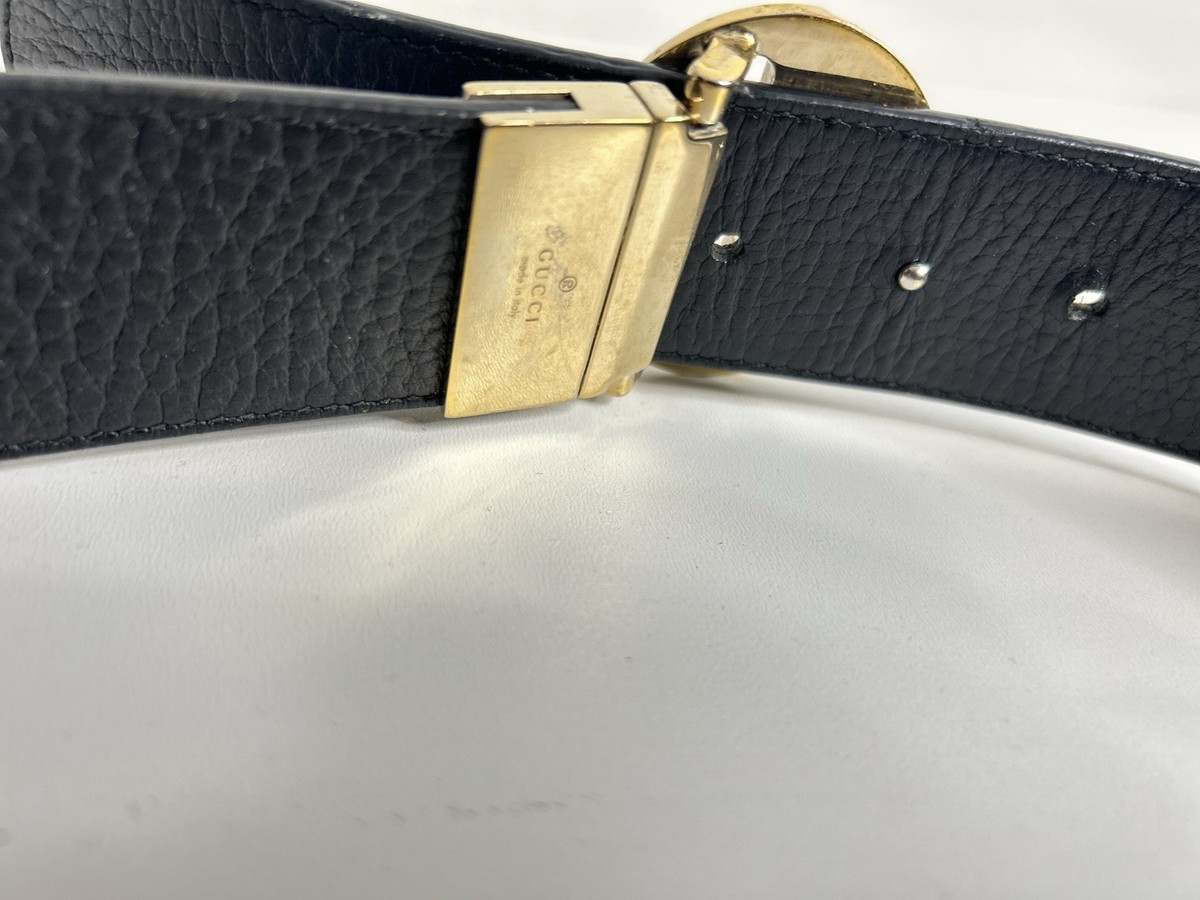 Gucci Belt GG Buckle Reversible Blue Black Leather Gold 35 Inch | eBay