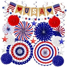 26 PCS Decorations, 250th Memorial Day Red White Blue Paper Fans 4th of July