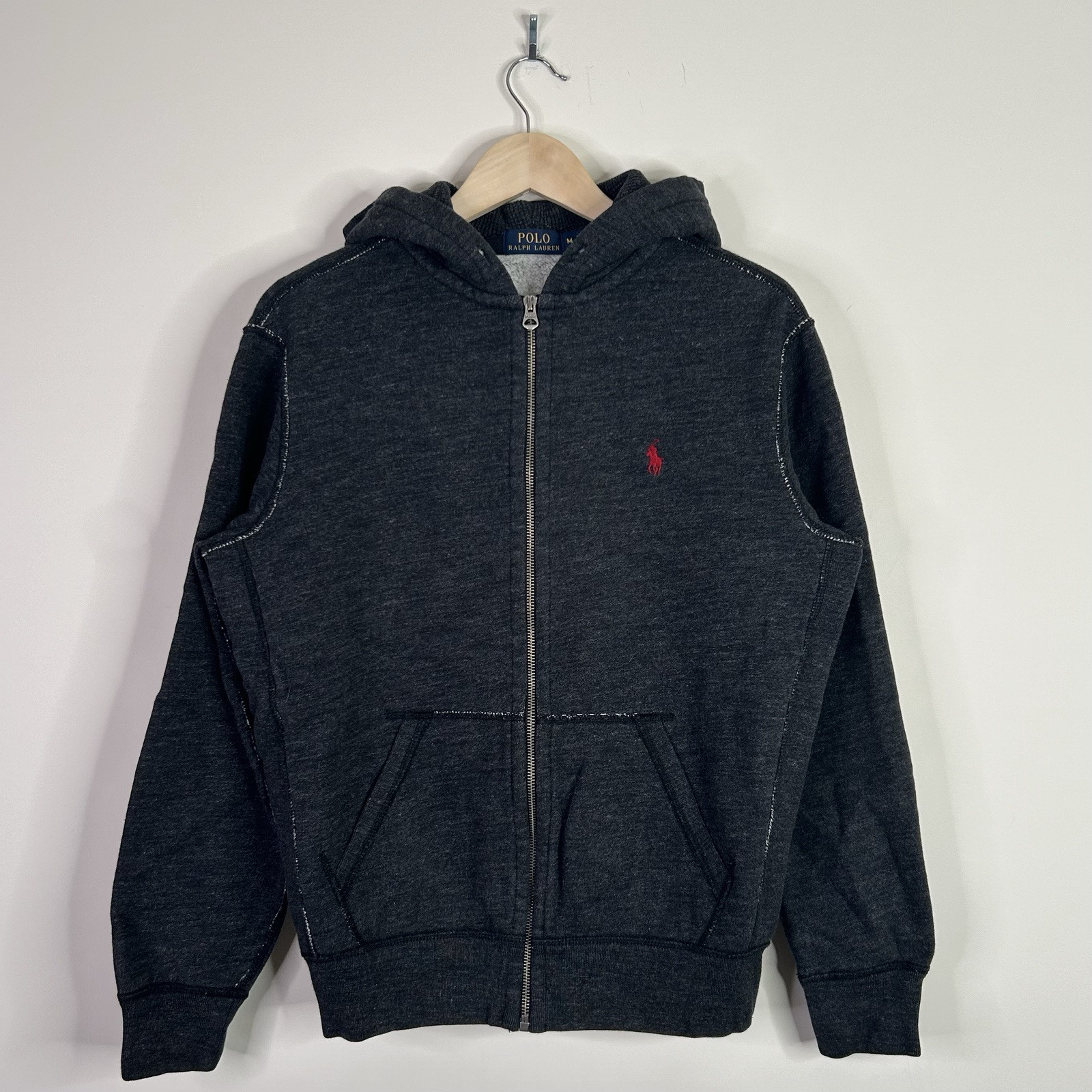 Polo Ralph Lauren Uomo Grigio Rosso Pony Fleece Felpa con Cappuccio e Zip Completa (M)