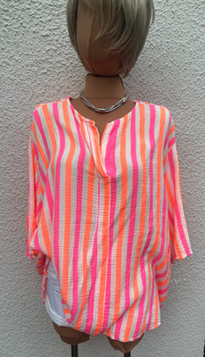Italy Musselin Schlupf Long Top Tunika Bluse neon Streifen Design Gr. OS NEU