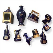 Limoges Cobalt Miniature Set 10pc Lantern Vase Violin Thimble France