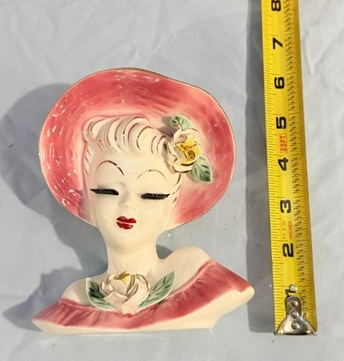 Vintage Napco Lady Head Vase Pocket Pink Hat Dress Yellow Roses Lush Lashes H300
